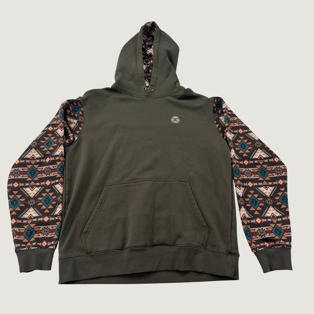 Hooey Men's Large Olive Green Hoodie Aztec Sleeves Western Pullover Sweatshirt